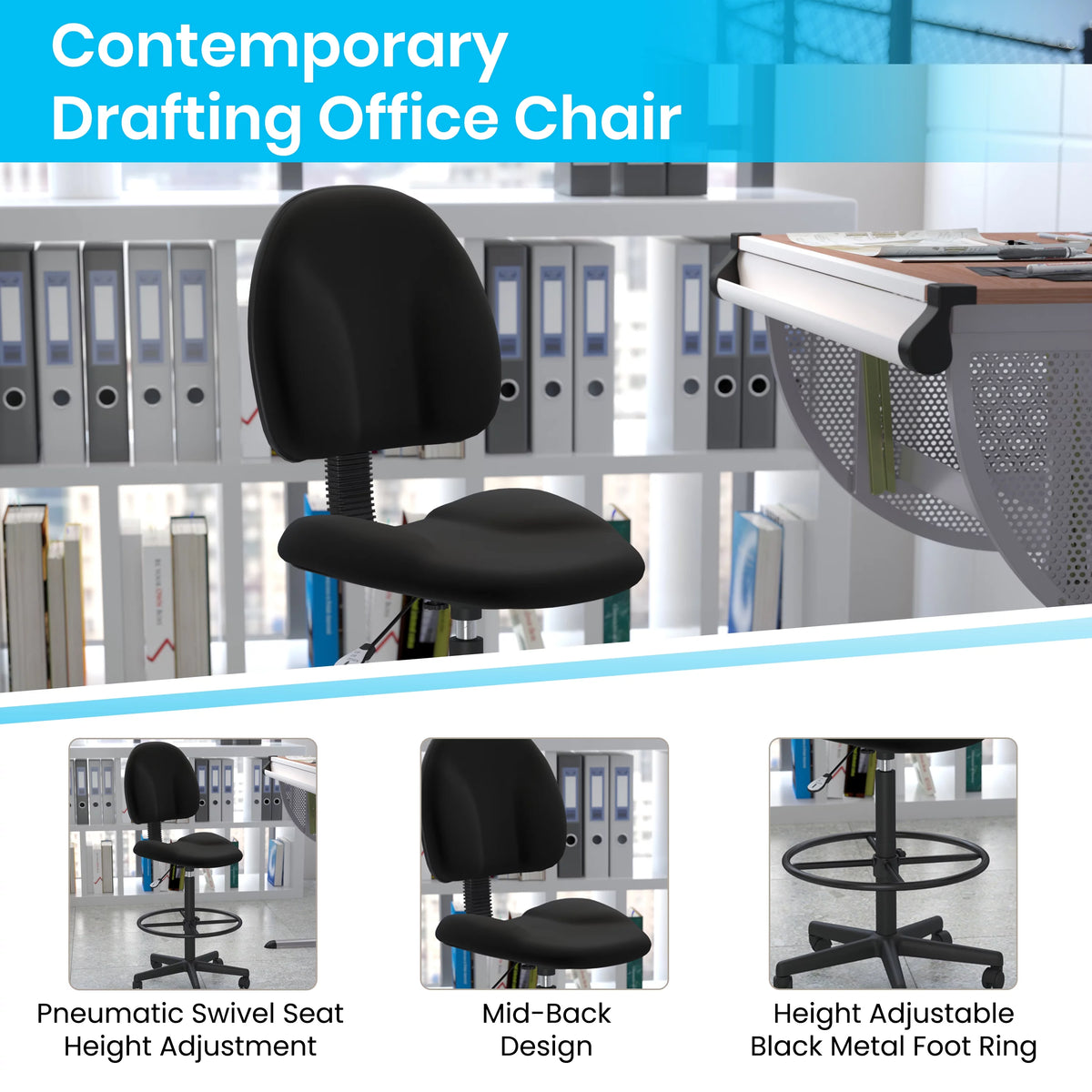 Black Fabric Drafting Chair with Footring L739682