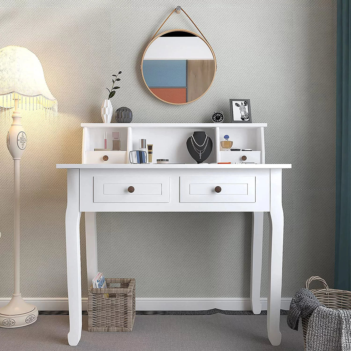 White 32 Inch Writing Desk with Storage Drawers E9557