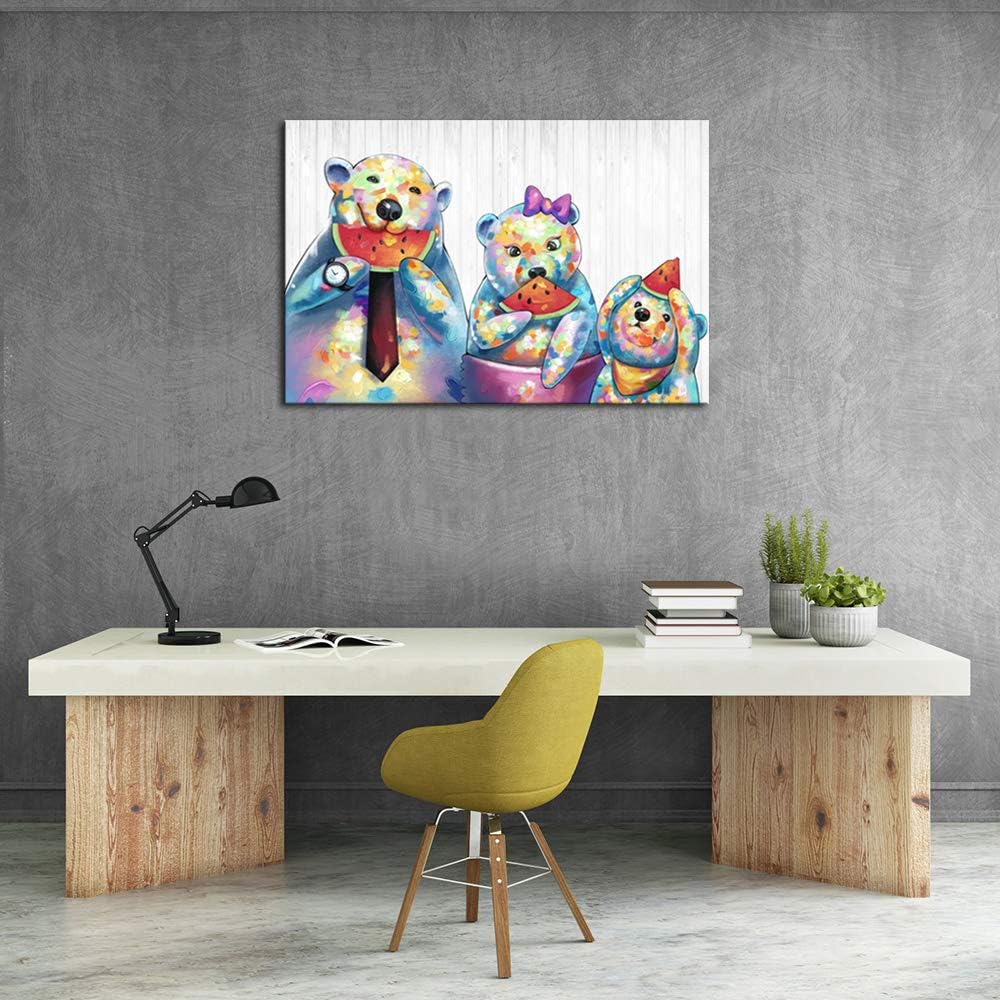 Canvas Wall Art Bear Family Eating Watermelon Painting Wooden Texture Poster Print I93120