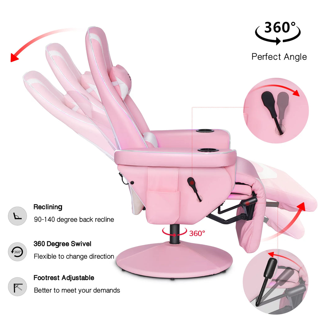 Pink White Ergonomic Recliner Gaming Chair with Footrest and Massage Lumbar Support T4354