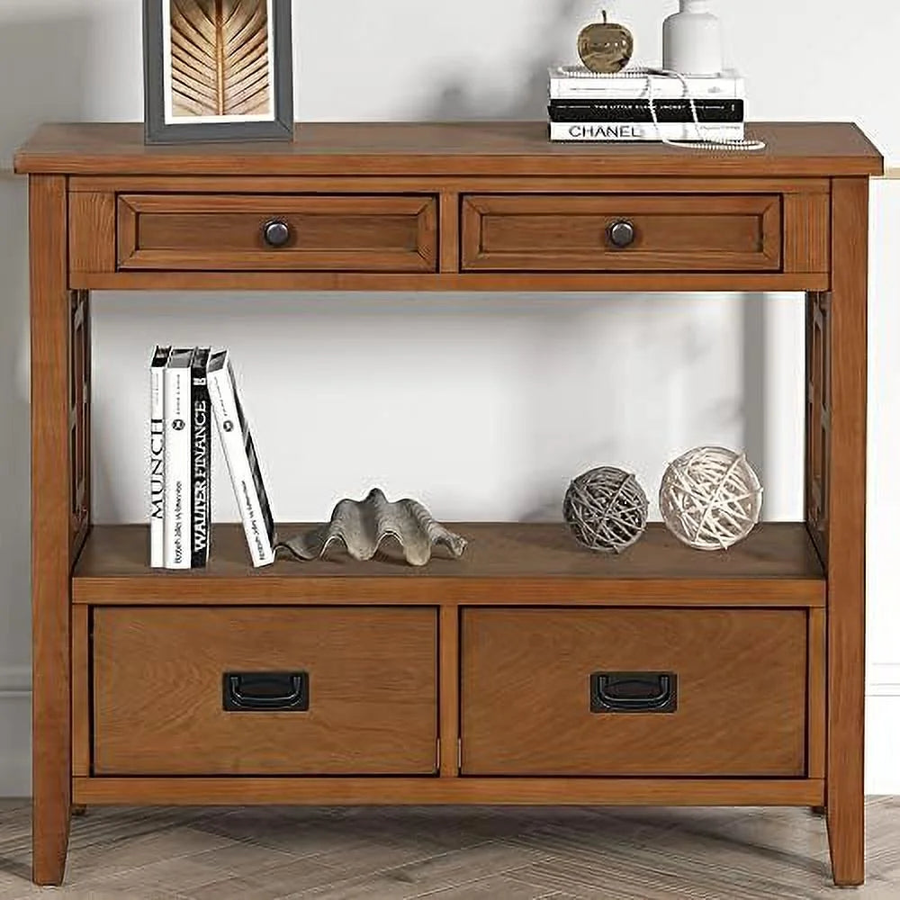 Antique White Narrow Wood Console Table with Drawers and Shelves H22915