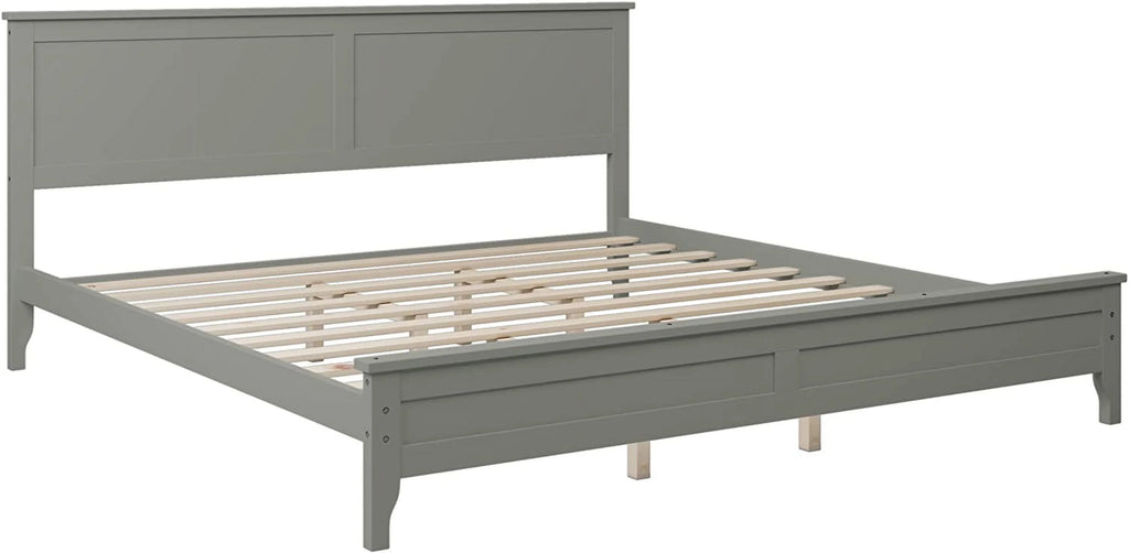 King Size Wood Platform Bed Frame with Headboard and Slat Support, Grey T4393