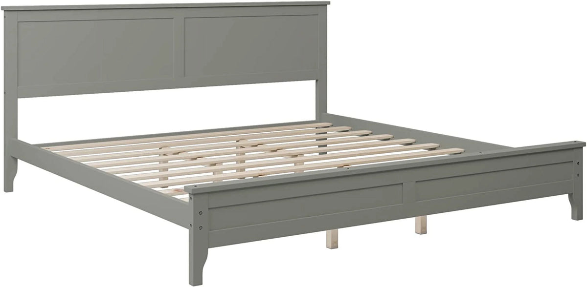 King Size Wood Platform Bed Frame with Headboard and Slat Support, Grey T4393