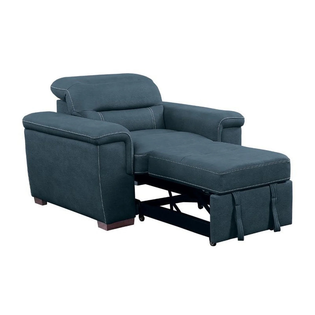 Blue Microfiber Accent Chair with Pull Out Ottoman V2833