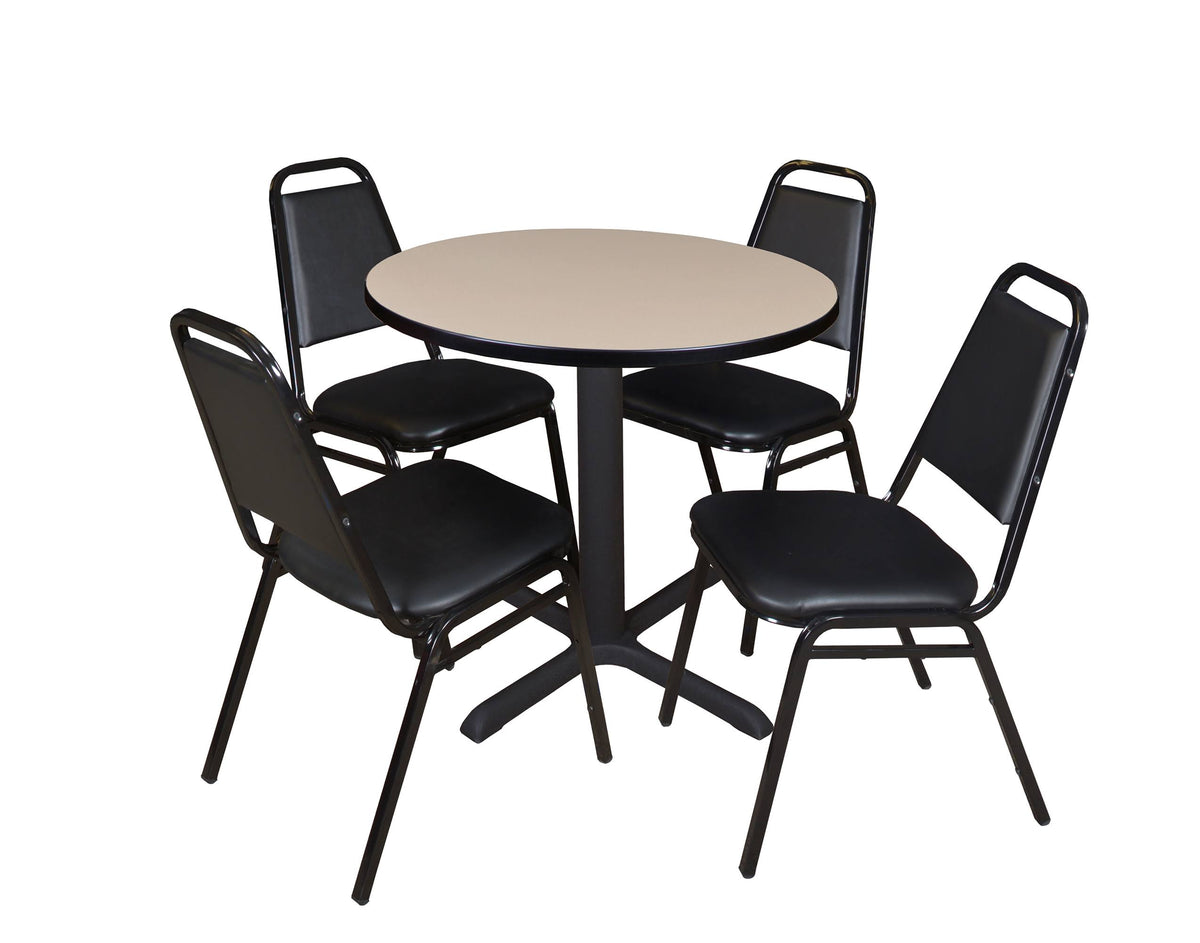 Maple Round Breakroom Table and 4 Black Stack Chairs K651081