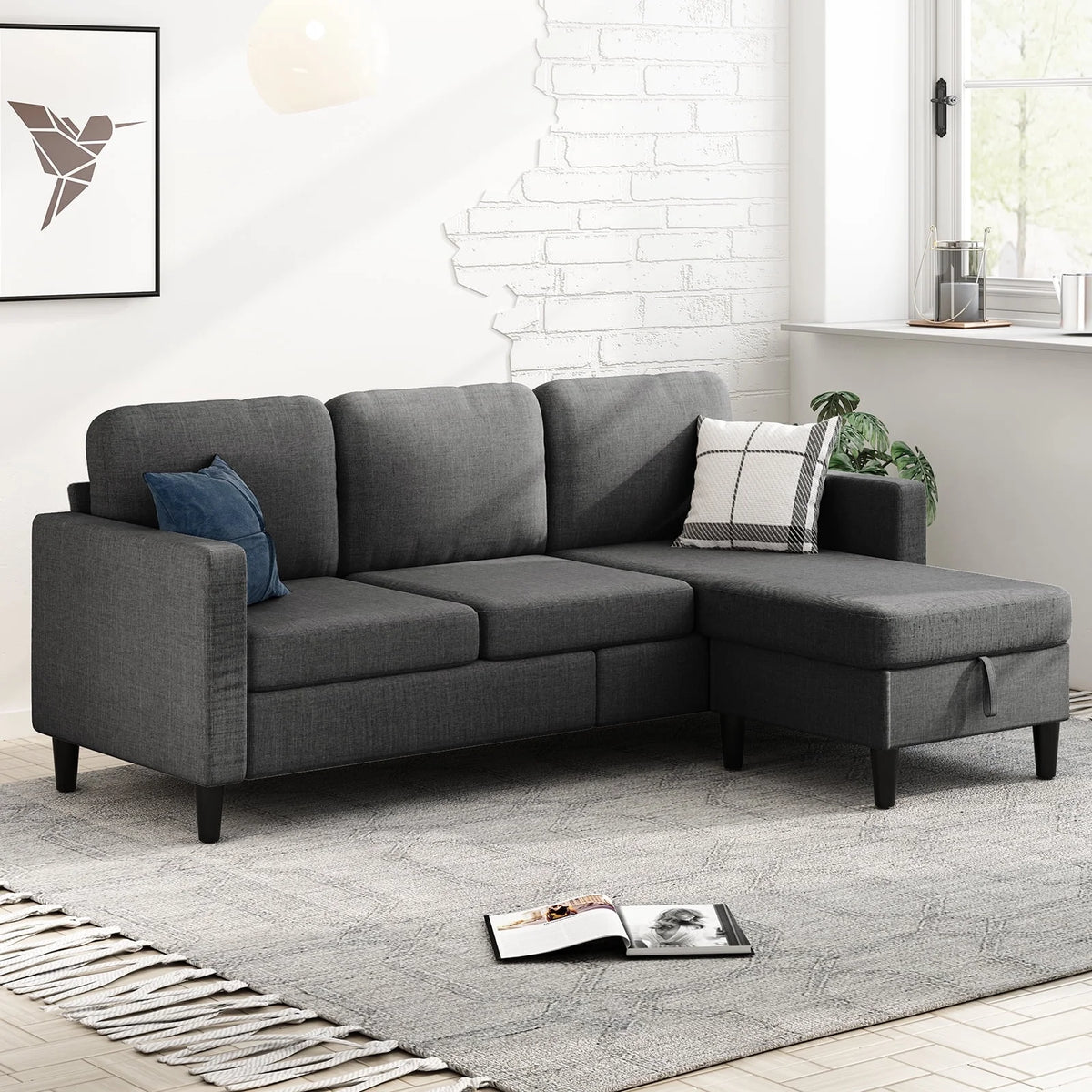 Beige Linen Sectional Sofa with Storage Ottoman Y717844