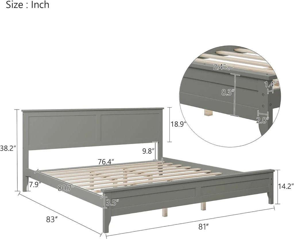 King Size Wood Platform Bed Frame with Headboard and Slat Support, Grey T4393