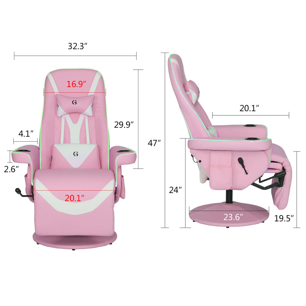 Pink White Ergonomic Recliner Gaming Chair with Footrest and Massage Lumbar Support T4354