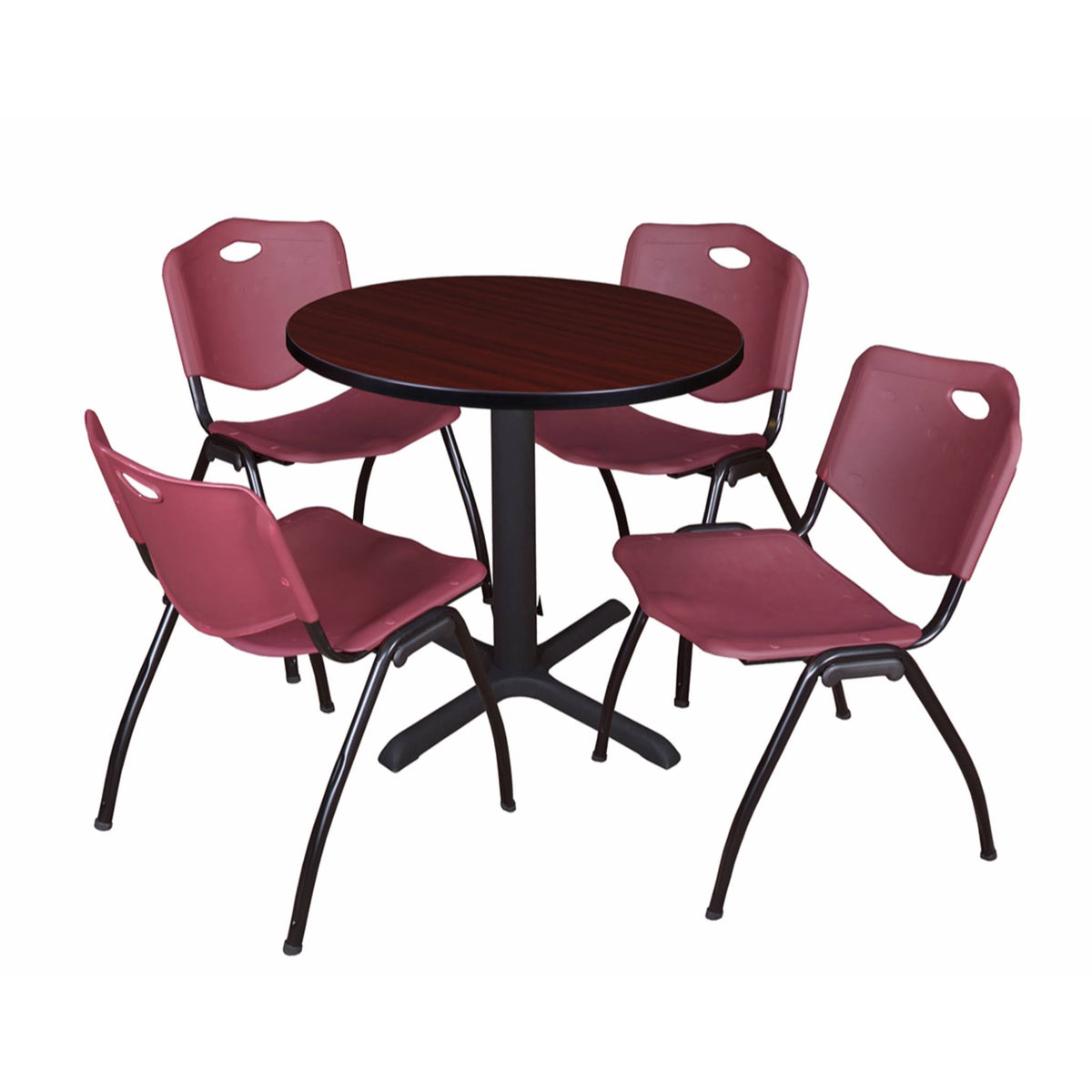30x22 Round Breakroom Table Mahogany 4 Stack Chairs Blue B3856