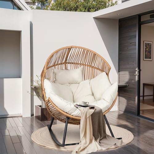 Beige Oversized Wicker Egg Chair with Cushion E397
