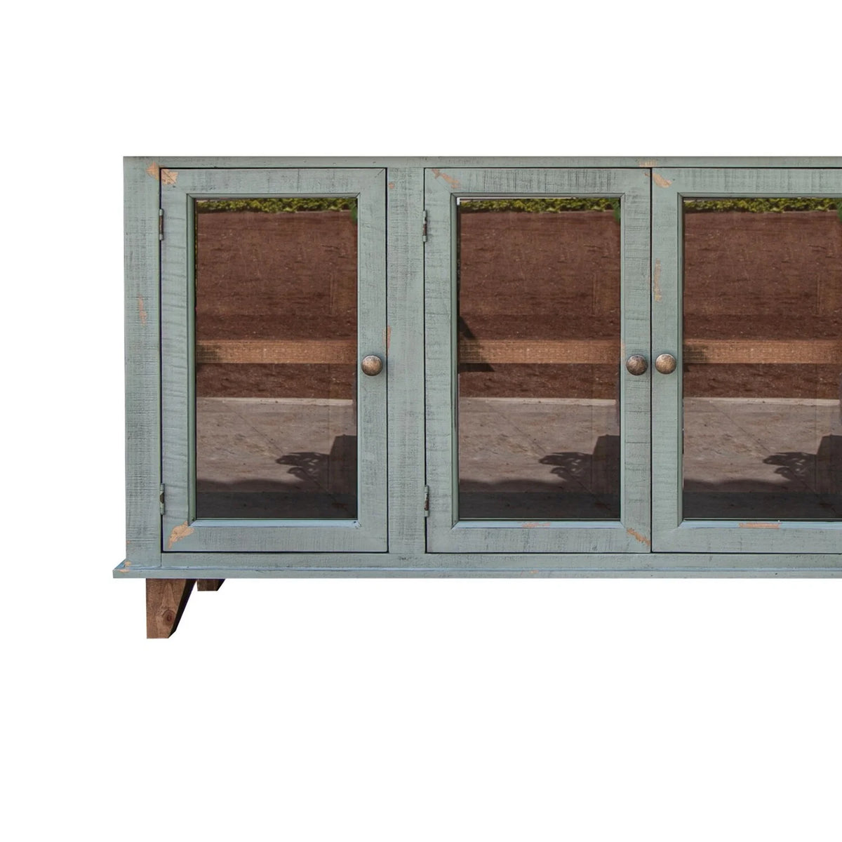 70 in. 4 Glass Doors Teal Blue Pine Wood Console Sideboard Cabinet A149