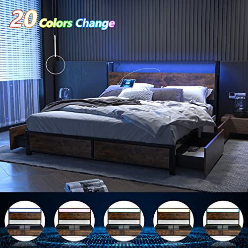 Full Size Metal Bed Frame with Storage Drawers, Rustic Brown U9405
