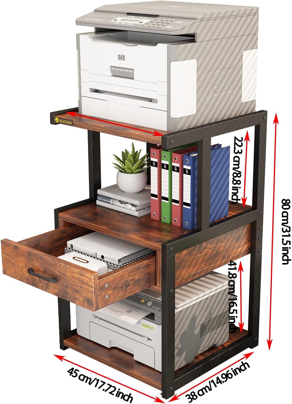 3-Tier Printer Stand with Drawers Record Player Stand End Table Storage Cabinet Printer Rack with Wheels Rolling Filing Cabinet Printer Cart P175212