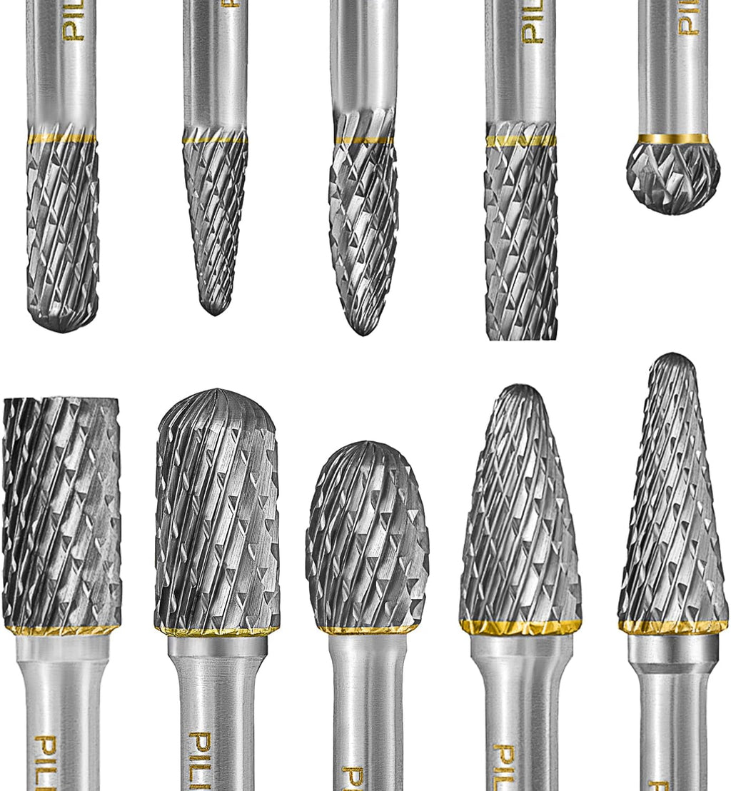 Tungsten Carbide Burr Set 1/4" Shank 10PC Double Cut Rotary Cutting Burrs Die Grinder Bits M753229