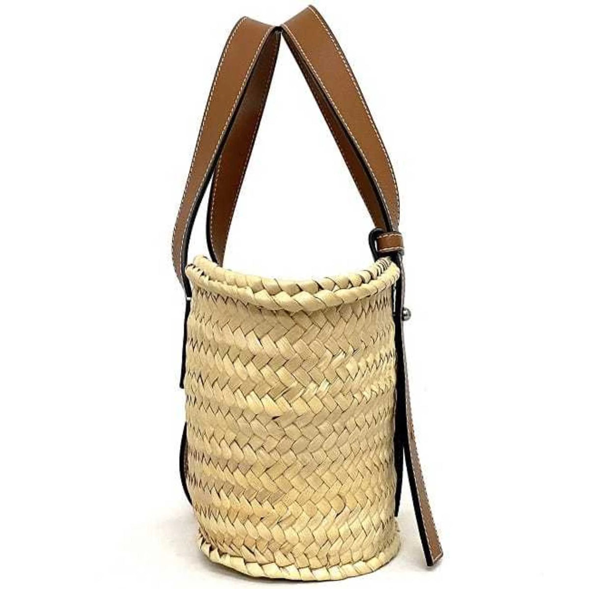 Pre-Owned Beige Brown Straw Calf Leather Tote Handbag M13975