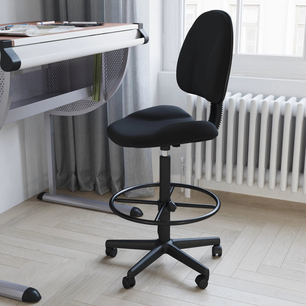 Black Fabric Drafting Chair with Footring L739682