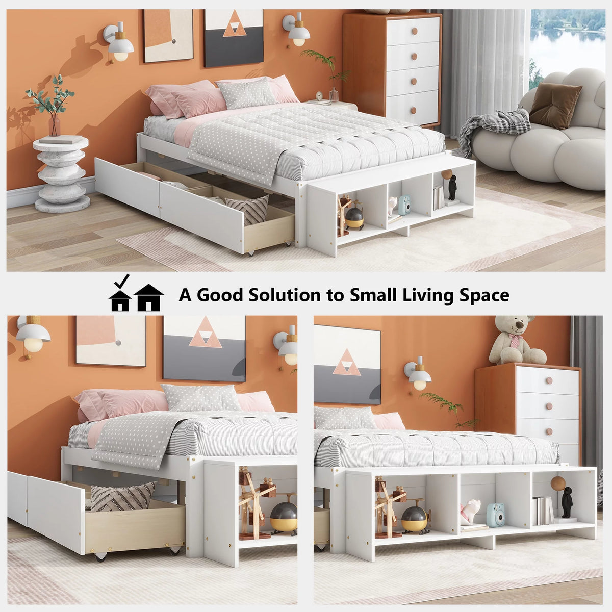 White Full Size Platform Bed with Storage Shelves and Drawer Z247