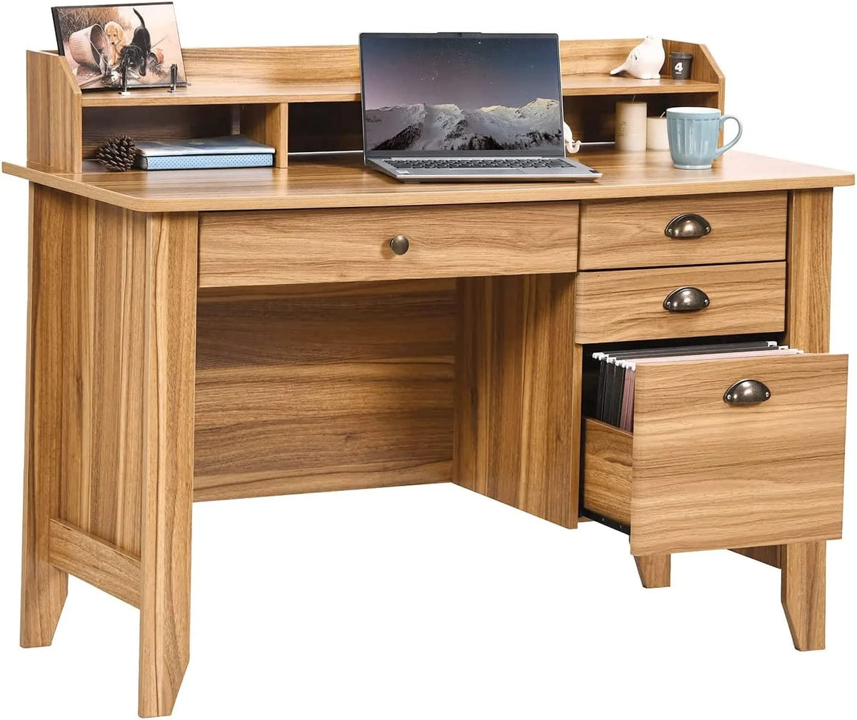 White Oak Computer Desk with Drawers and Hutch Shelf L7422