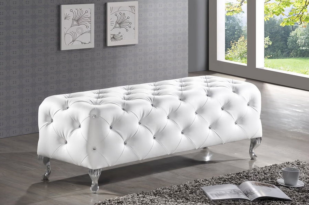 White Leather Tufted Bench V212545
