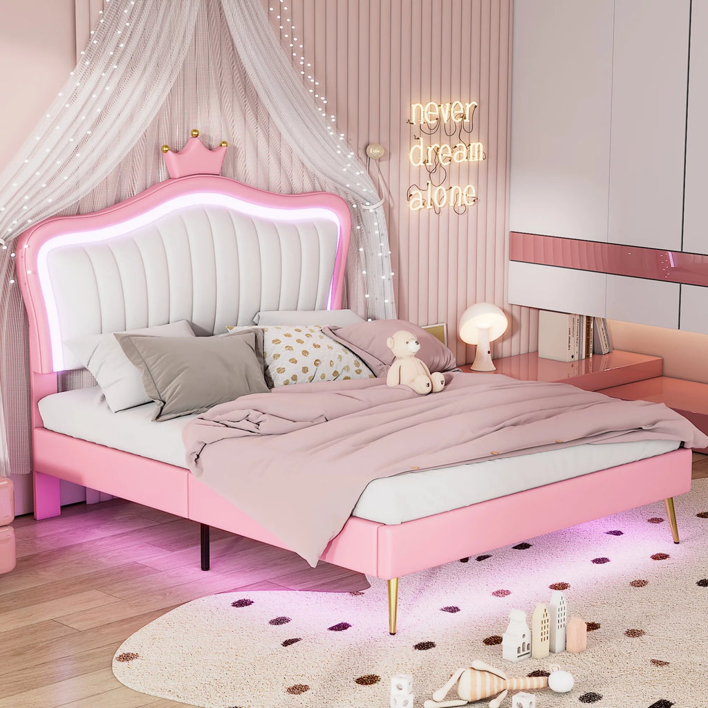 White Full Size Upholstered Platform Bed with LED Lights U292930