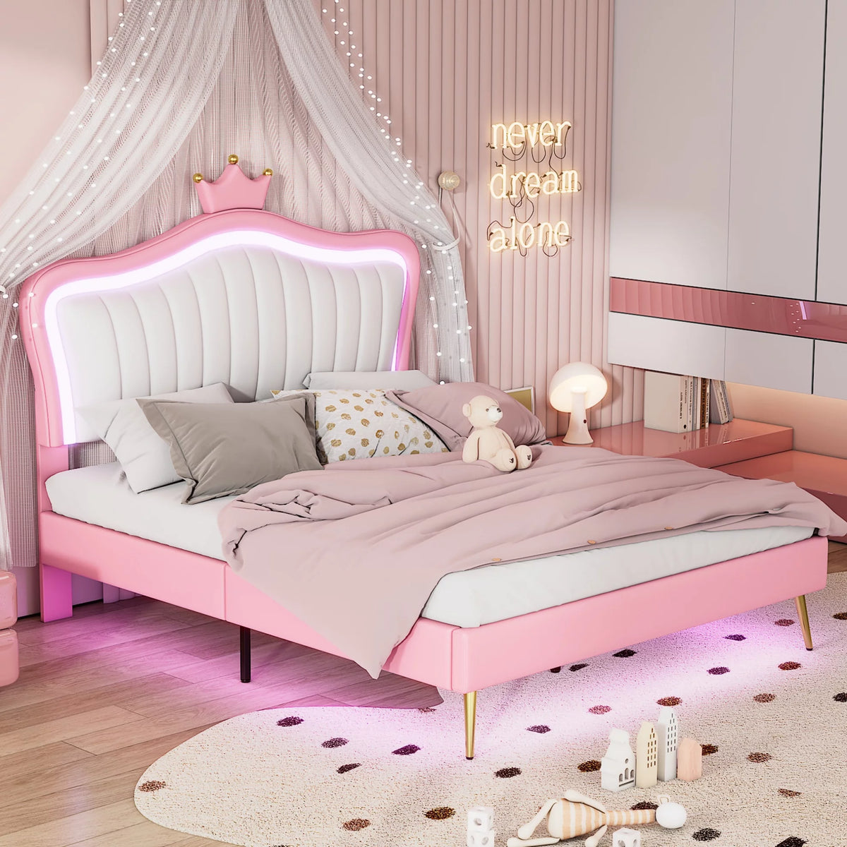 White Full Size Upholstered Platform Bed with LED Lights U292930