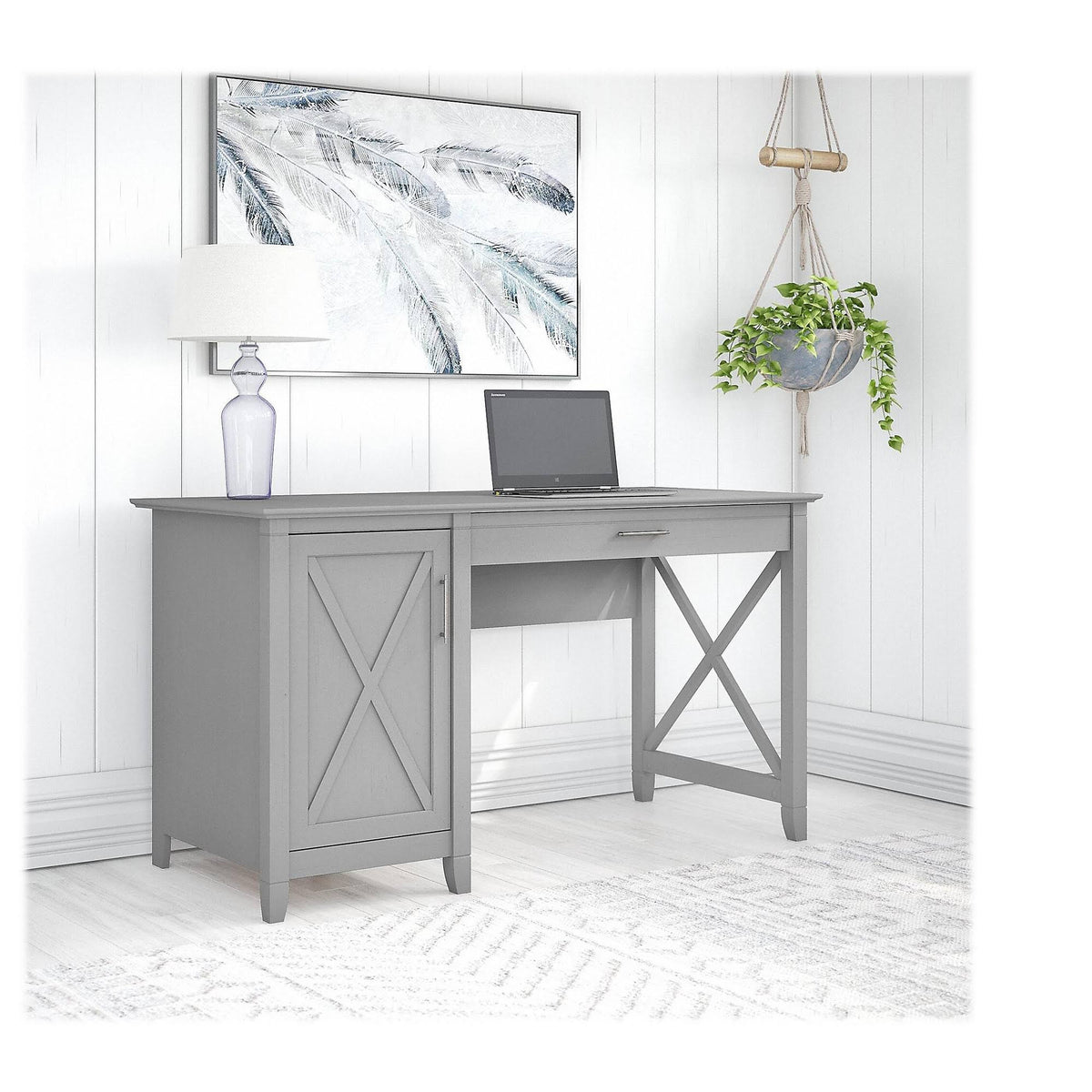 Cape Cod Gray Computer Desk with Keyboard Tray and Storage U486