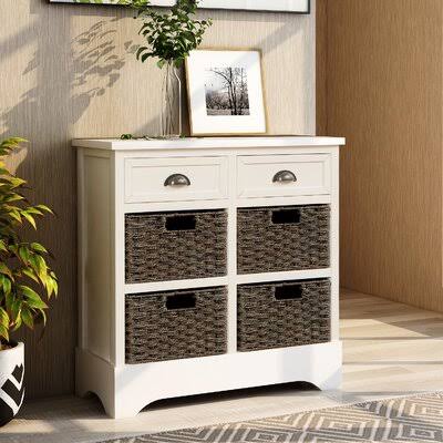 White Washed Storage Cabinet with Two Drawers and Four Rattan Basket L125382