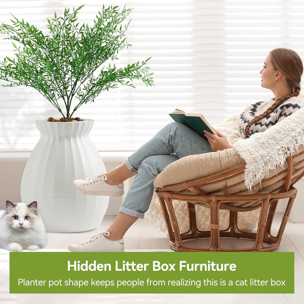 White Enclosed Large Cat Litter Box with Leak Proof Liner D689522
