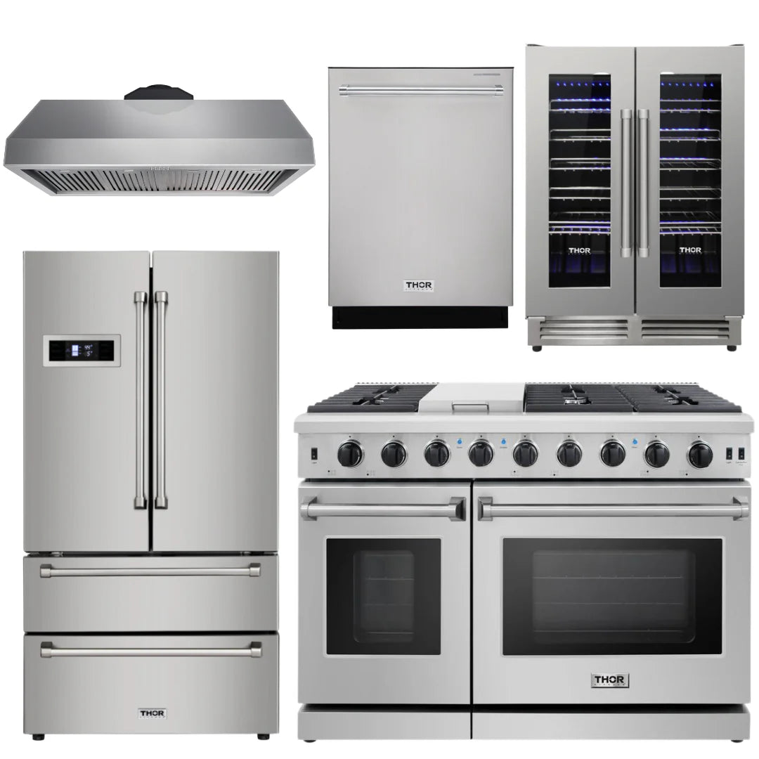 48 in. Gas Range, Range Hood, Refrigerator, Dishwasher, Wine Cooler F652085
