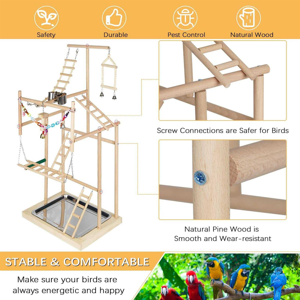 Wood Bird Playstand with Feeder Cups and Bells K498