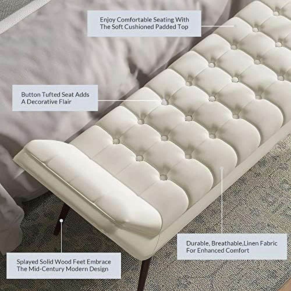 Grey Linen Fabric Ottoman Bench with Wood Legs V6571