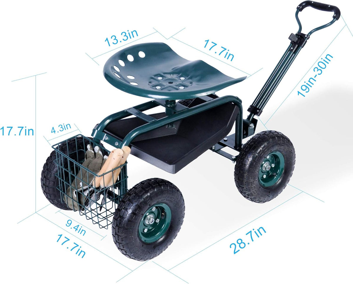 Green Rolling Garden Tool Cart with Swivel Seat and Storage Basket J4725