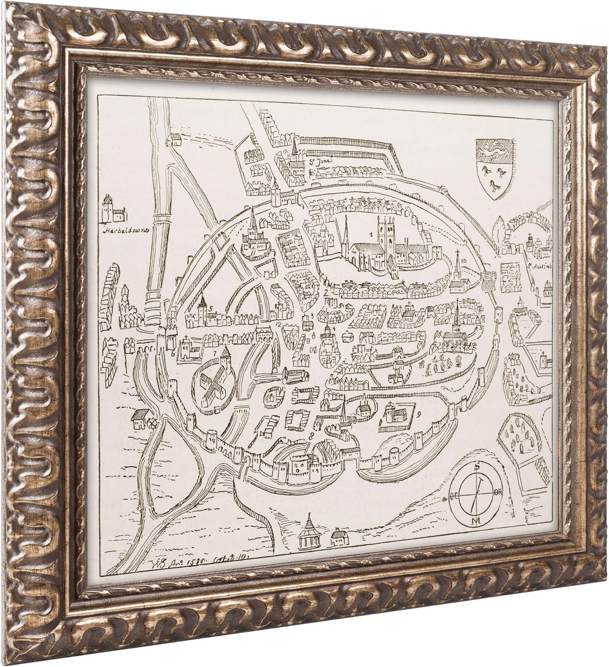 16th Century Canterbury Map 11 by 14-Inch Gold Ornate Frame K816669