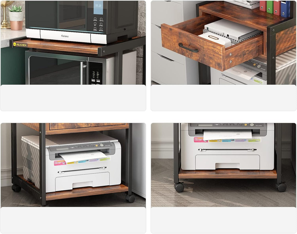 3-Tier Printer Stand with Drawers Record Player Stand End Table Storage Cabinet Printer Rack with Wheels Rolling Filing Cabinet Printer Cart P175212