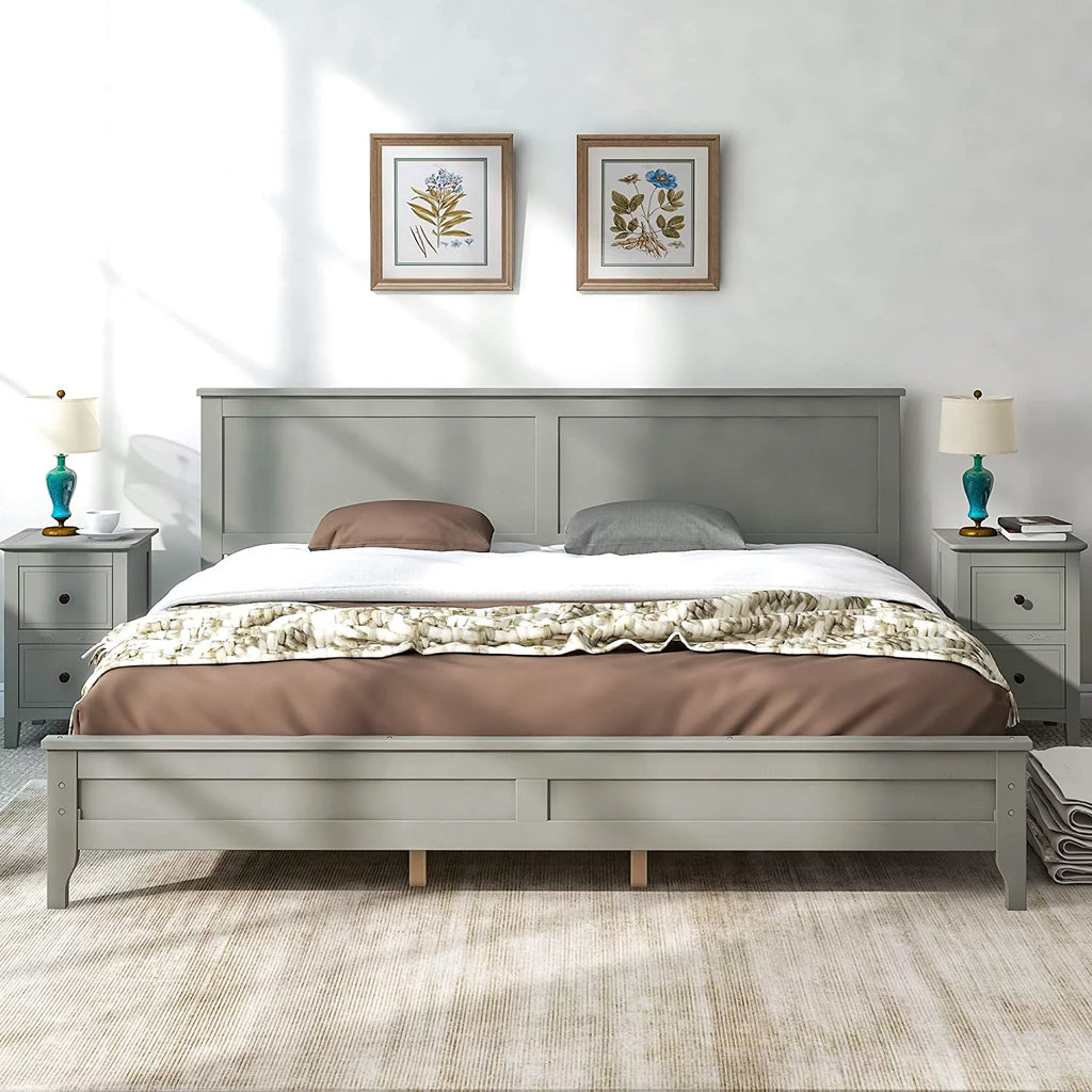 King Size Wood Platform Bed Frame with Headboard and Slat Support, Grey T4393