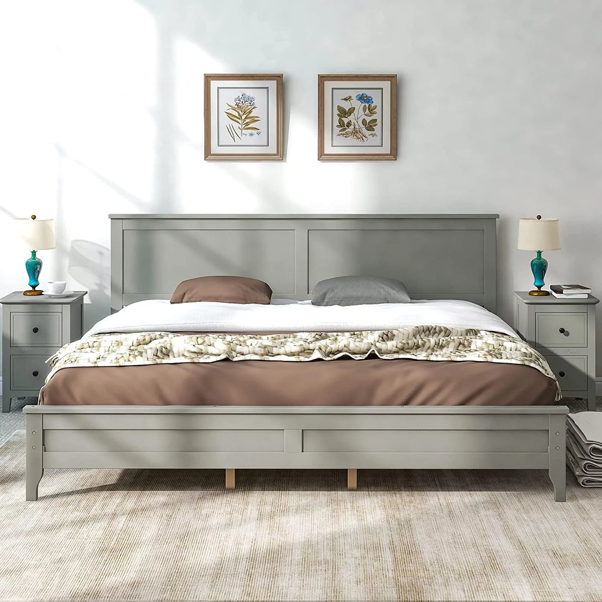 King Size Wood Platform Bed Frame with Headboard and Slat Support, Grey T4393