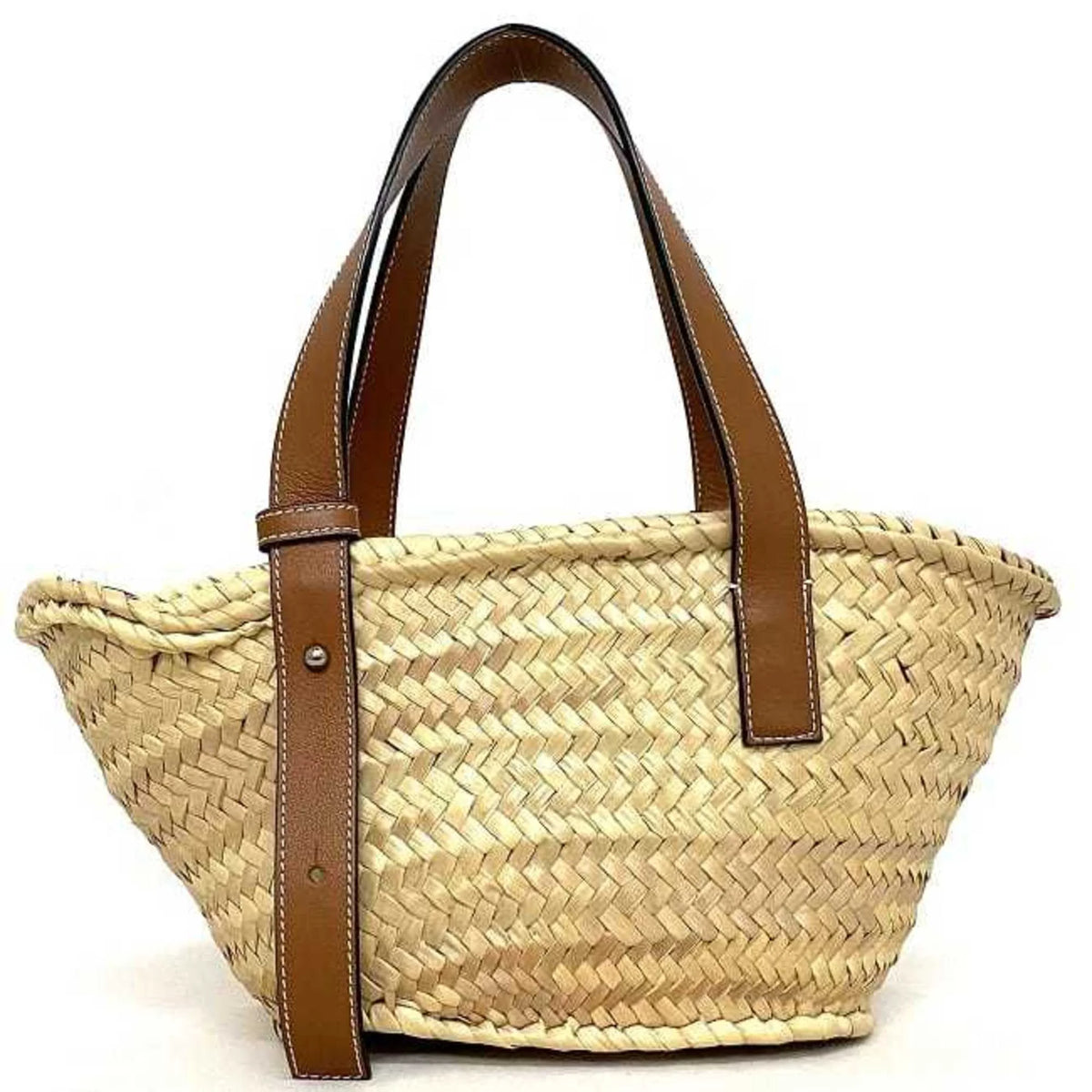 Pre-Owned Beige Brown Straw Calf Leather Tote Handbag M13975