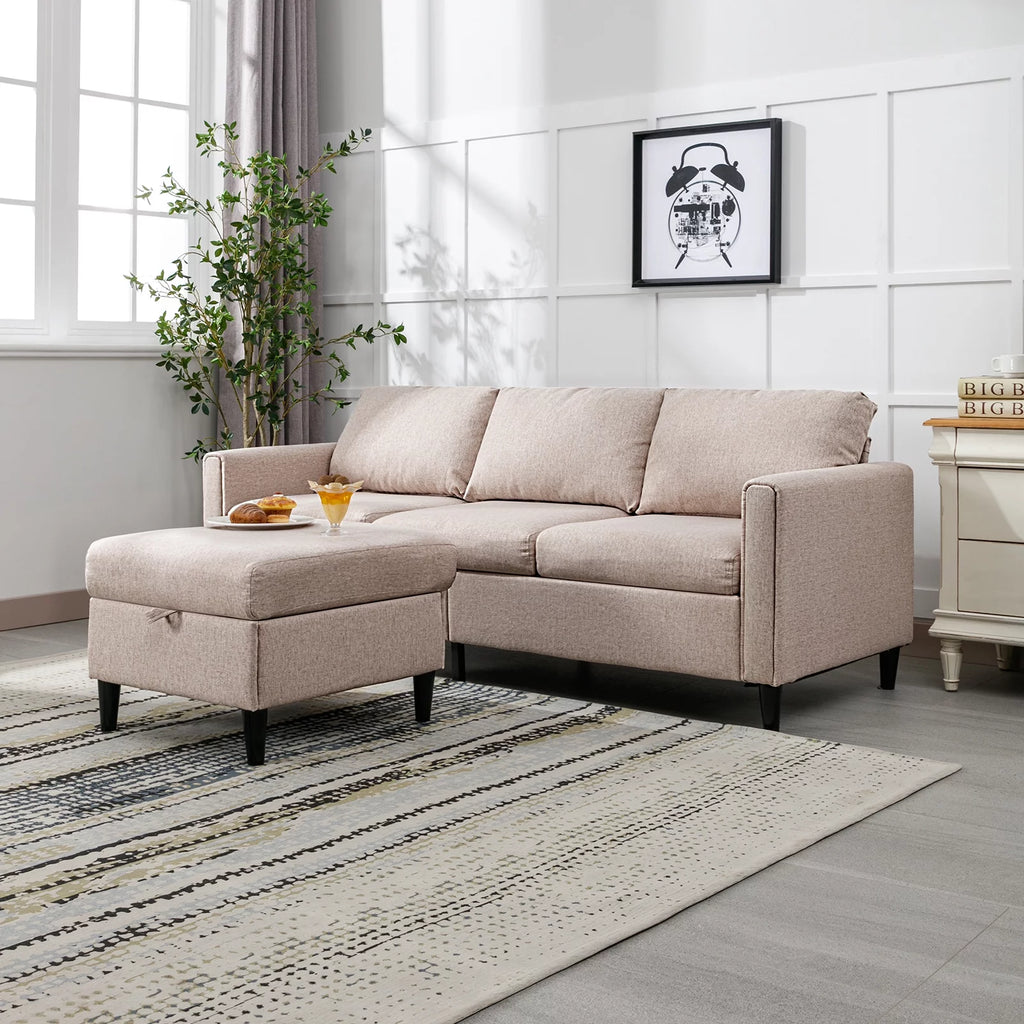 Beige L-Shape Convertible Sectional Sofa with Storage Ottoman X646463