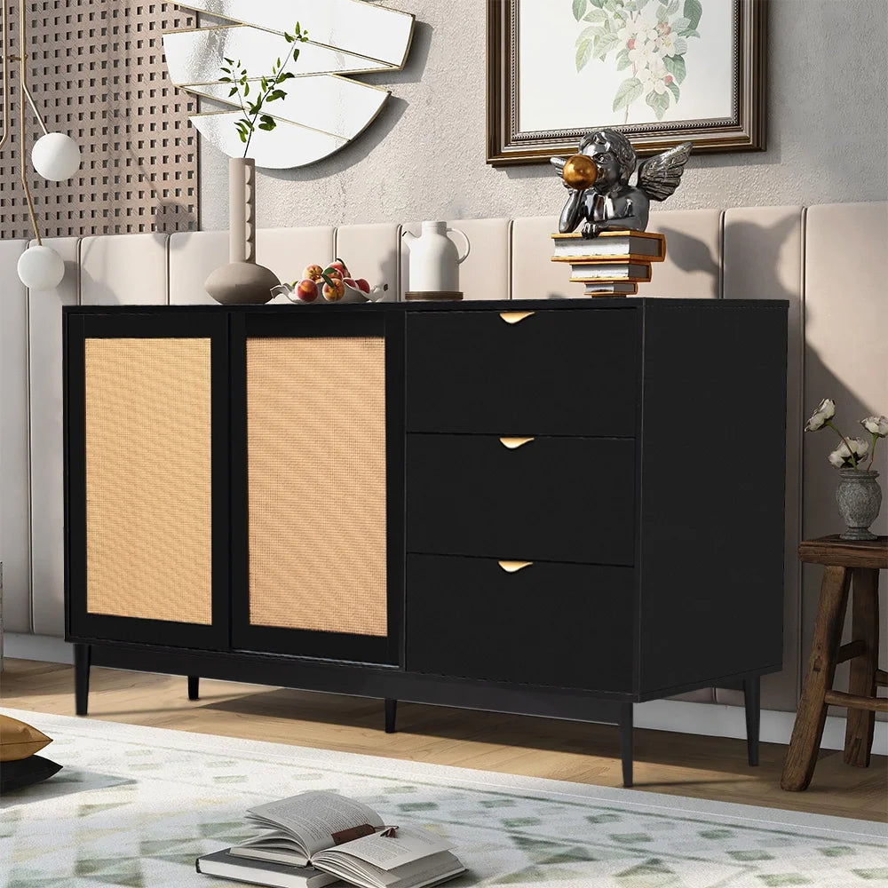 Black 3 Drawer Rattan Accent Cabinet D14014