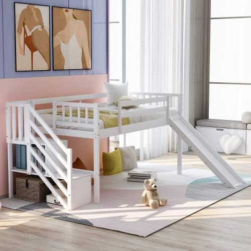 Twin Size Low Loft Bed with Slide and Staircase Gray T82267