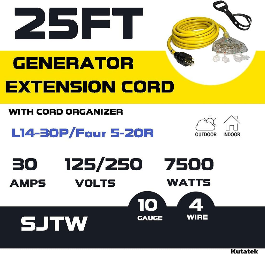 40Ft L14-30P to Four 5-20R 30 Amp Generator Power Cord W12280