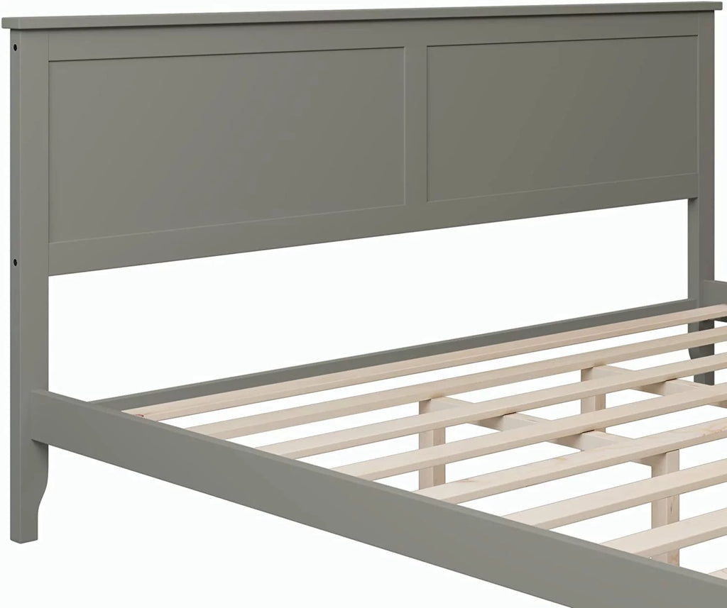 King Size Wood Platform Bed Frame with Headboard and Slat Support, Grey T4393