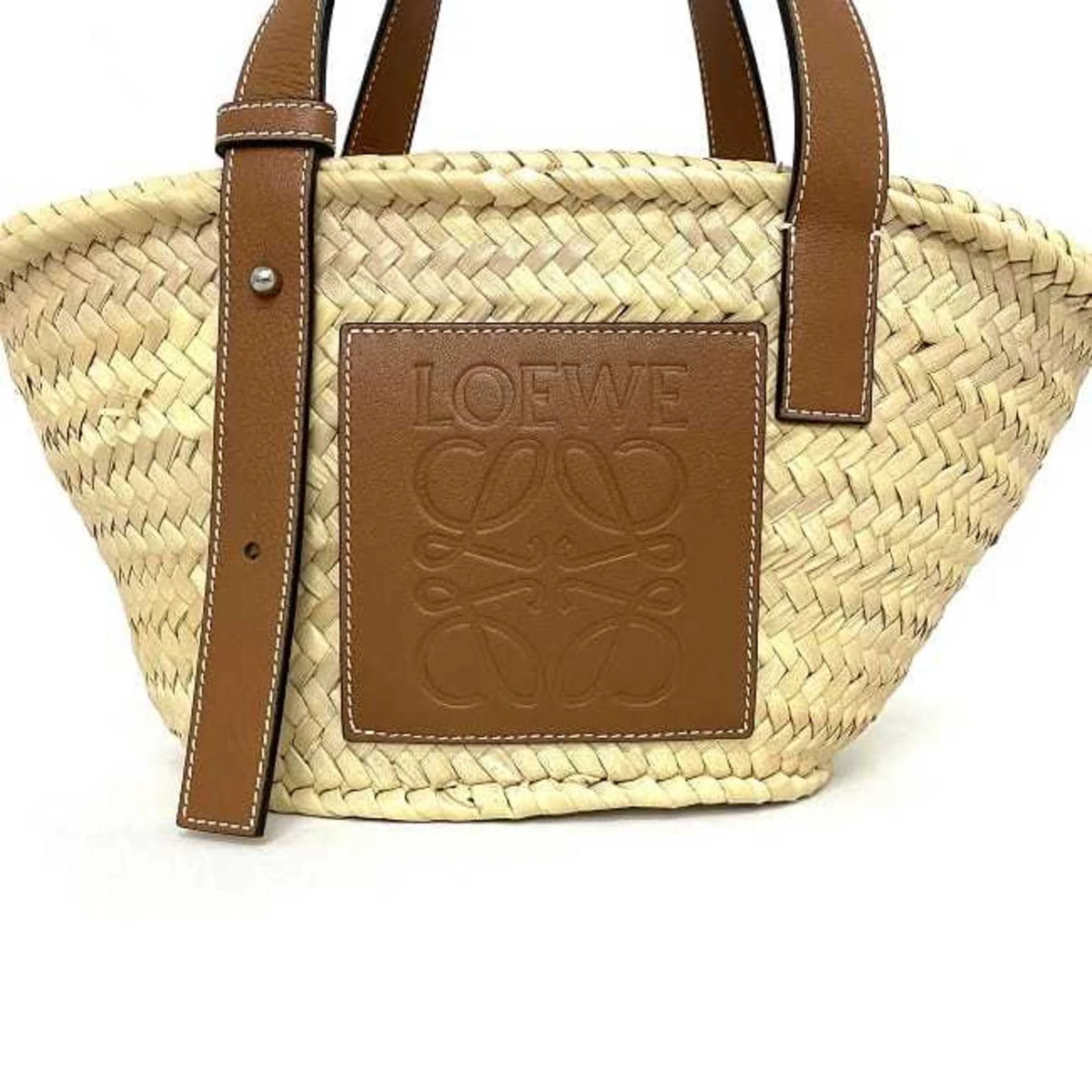 Pre-Owned Beige Brown Straw Calf Leather Tote Handbag M13975