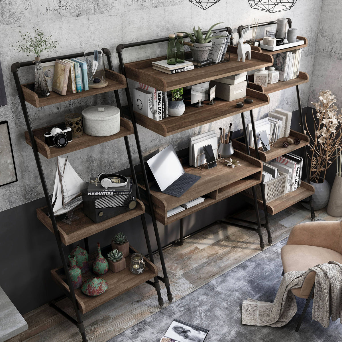 Vintage Grey Oak 3-Piece Desk and Display Shelf Set B9675