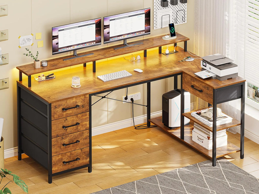 L Shaped Desk with LED Lights and Power Outlets G4478