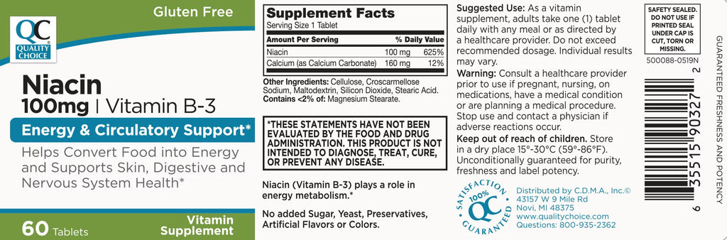 Niacin 100mg Vitamin B-3 Tablets, 60 Count B8071
