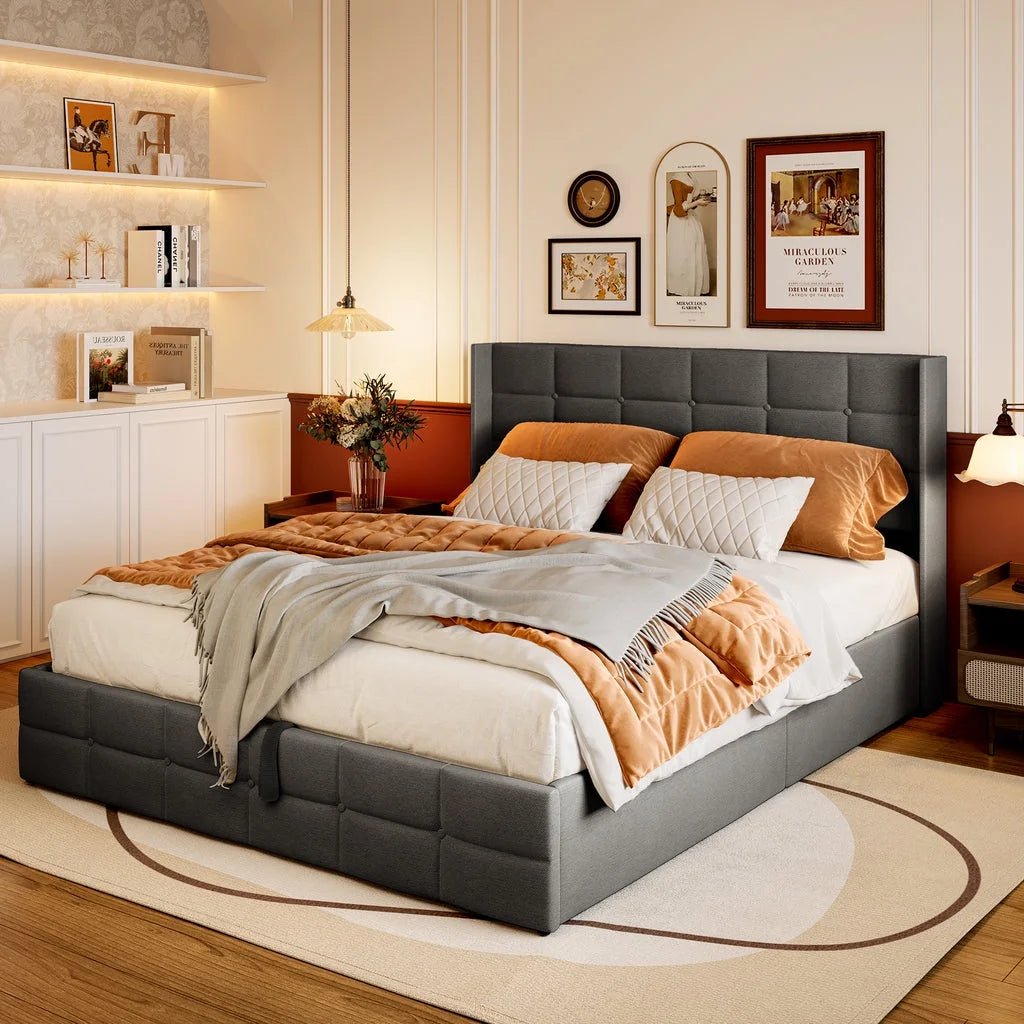Queen Size Lift Up Storage Bed with Wingback Headboard M920