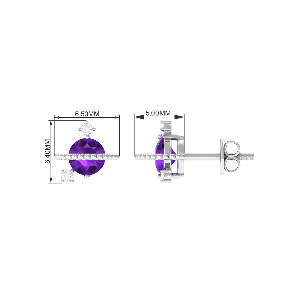 Amethyst Stud Earrings with Diamond, 925 Sterling Silver S259
