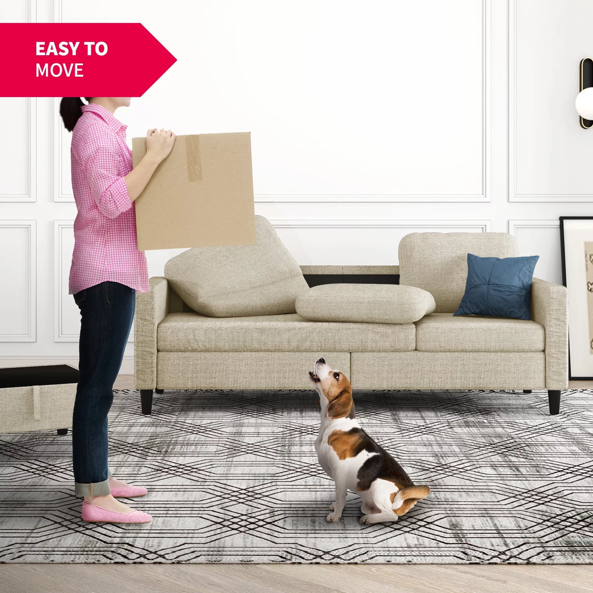 Beige Linen Sectional Sofa with Storage Ottoman Y717844