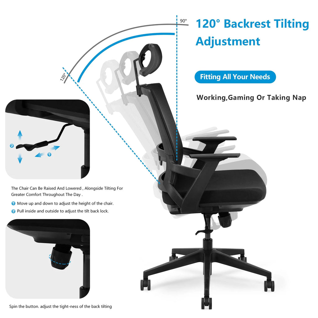 Ergonomic Adjustable High Back Mesh Office Chair with Lumbar Support and Headrest G4938